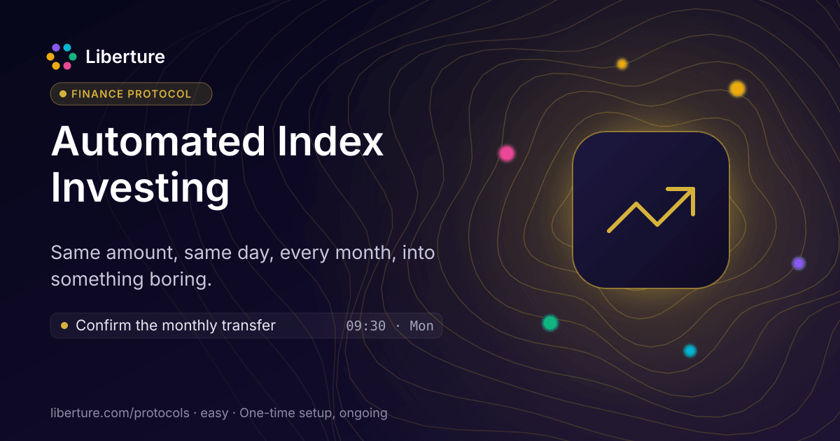 Automated Index Investing: finance protocol. Same amount, same day, every month, into something boring.