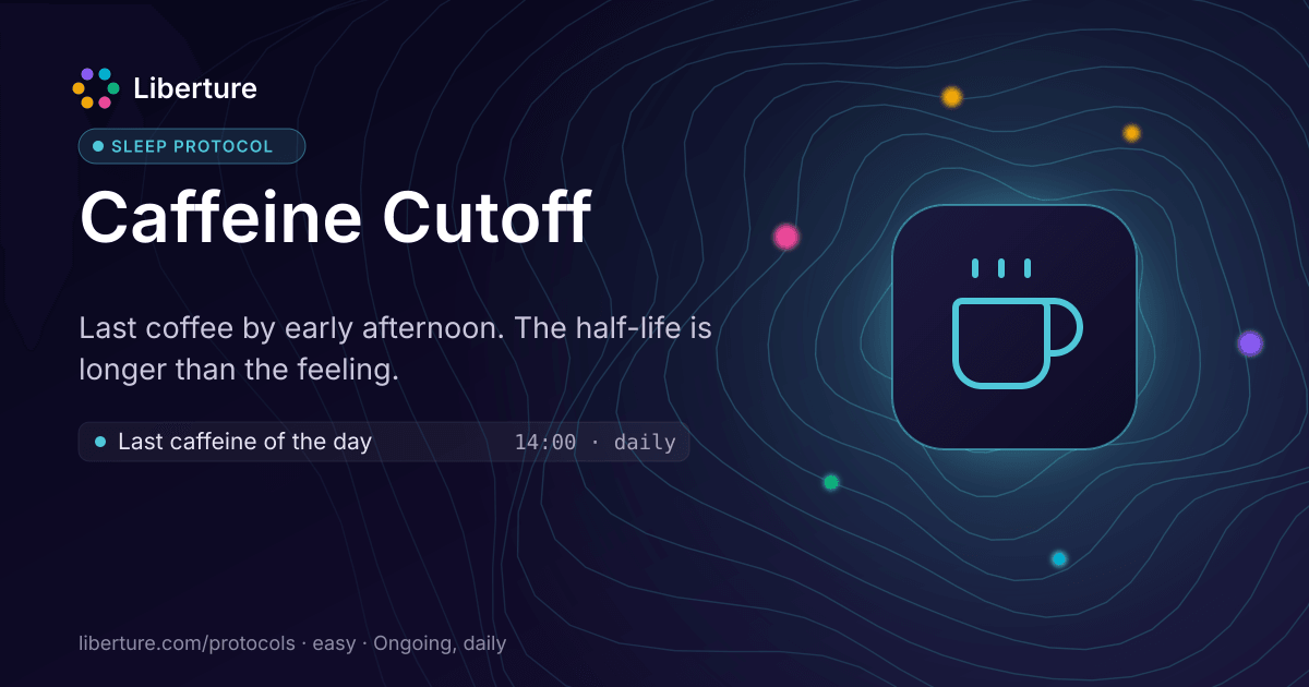 Caffeine Cutoff: sleep protocol. Last coffee by early afternoon. The half-life is longer than the feeling.