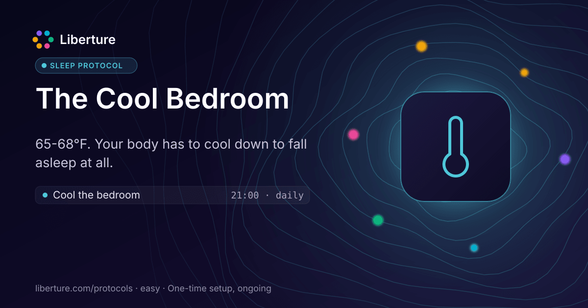 The Cool Bedroom: sleep protocol. 65-68°F. Your body has to cool down to fall asleep at all.