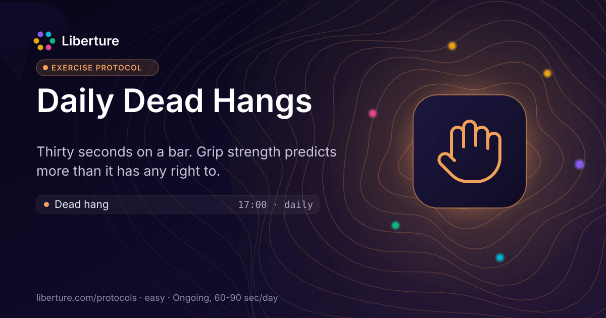 Daily Dead Hangs: exercise protocol. Thirty seconds on a bar. Grip strength predicts more than it has any right to.