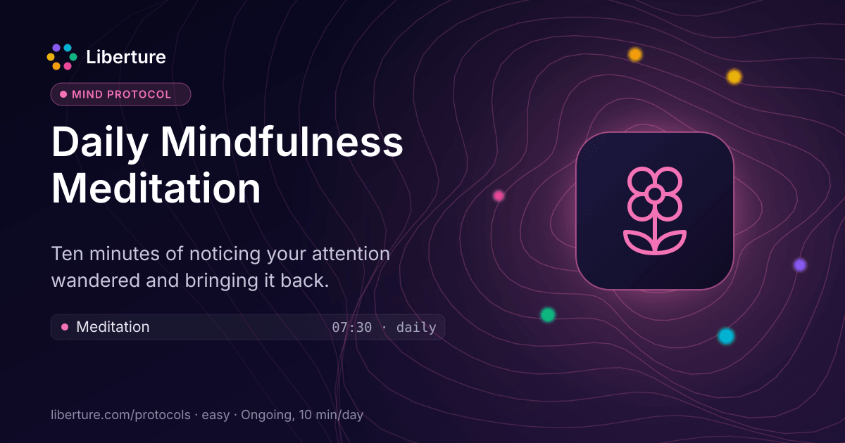 Daily Mindfulness Meditation: mind protocol. Ten minutes of noticing your attention wandered and bringing it back.