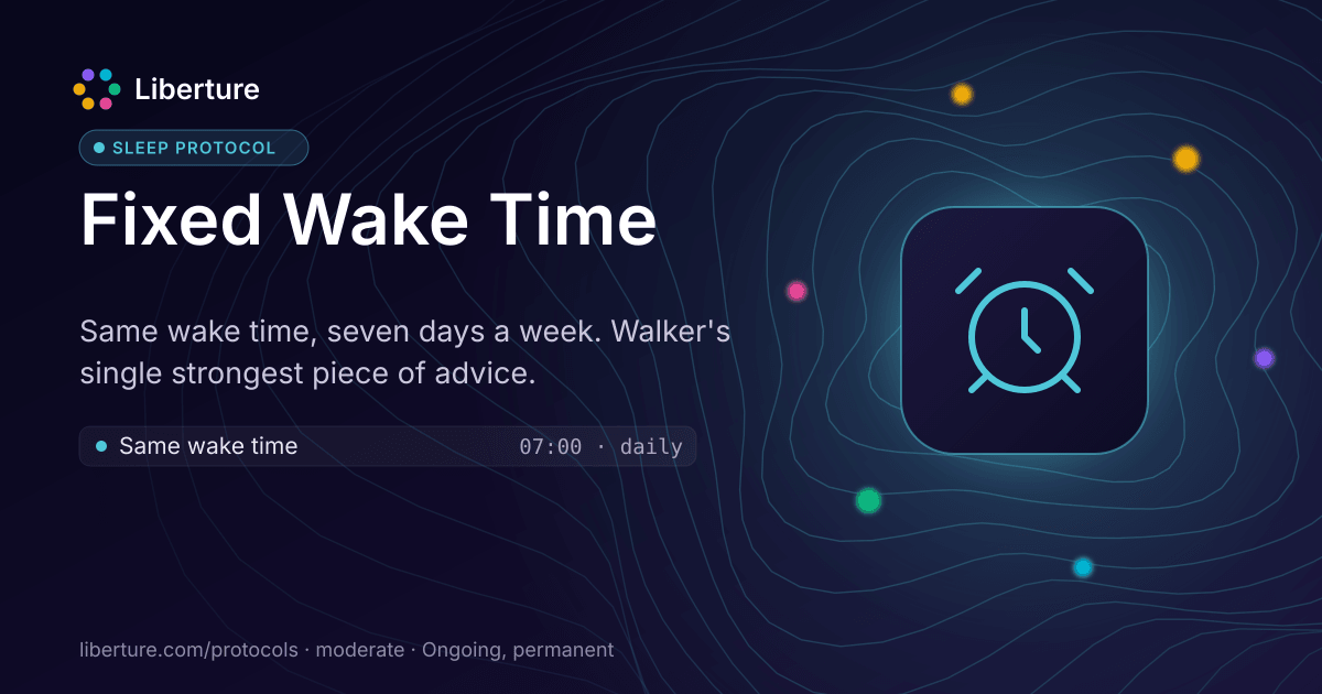 Fixed Wake Time: sleep protocol. Same wake time, seven days a week. Walker's single strongest piece of advice.