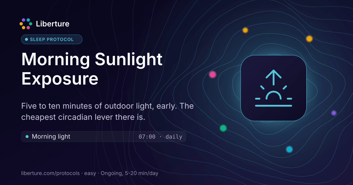 Morning Sunlight Exposure: sleep protocol. Five to ten minutes of outdoor light, early. The cheapest circadian lever there is.
