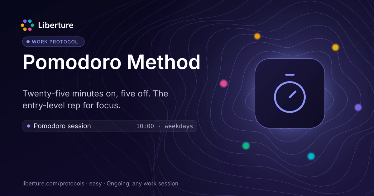 Pomodoro Method: work protocol. Twenty-five minutes on, five off. The entry-level rep for focus.