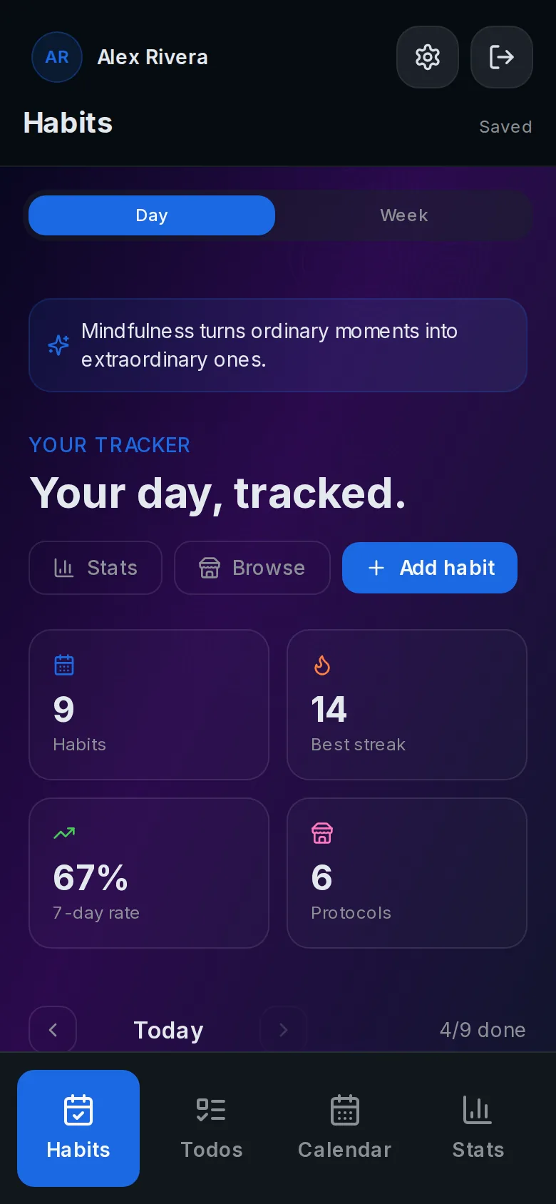 Liberture habit tracker on a phone showing today's habits and a 14-day best streak