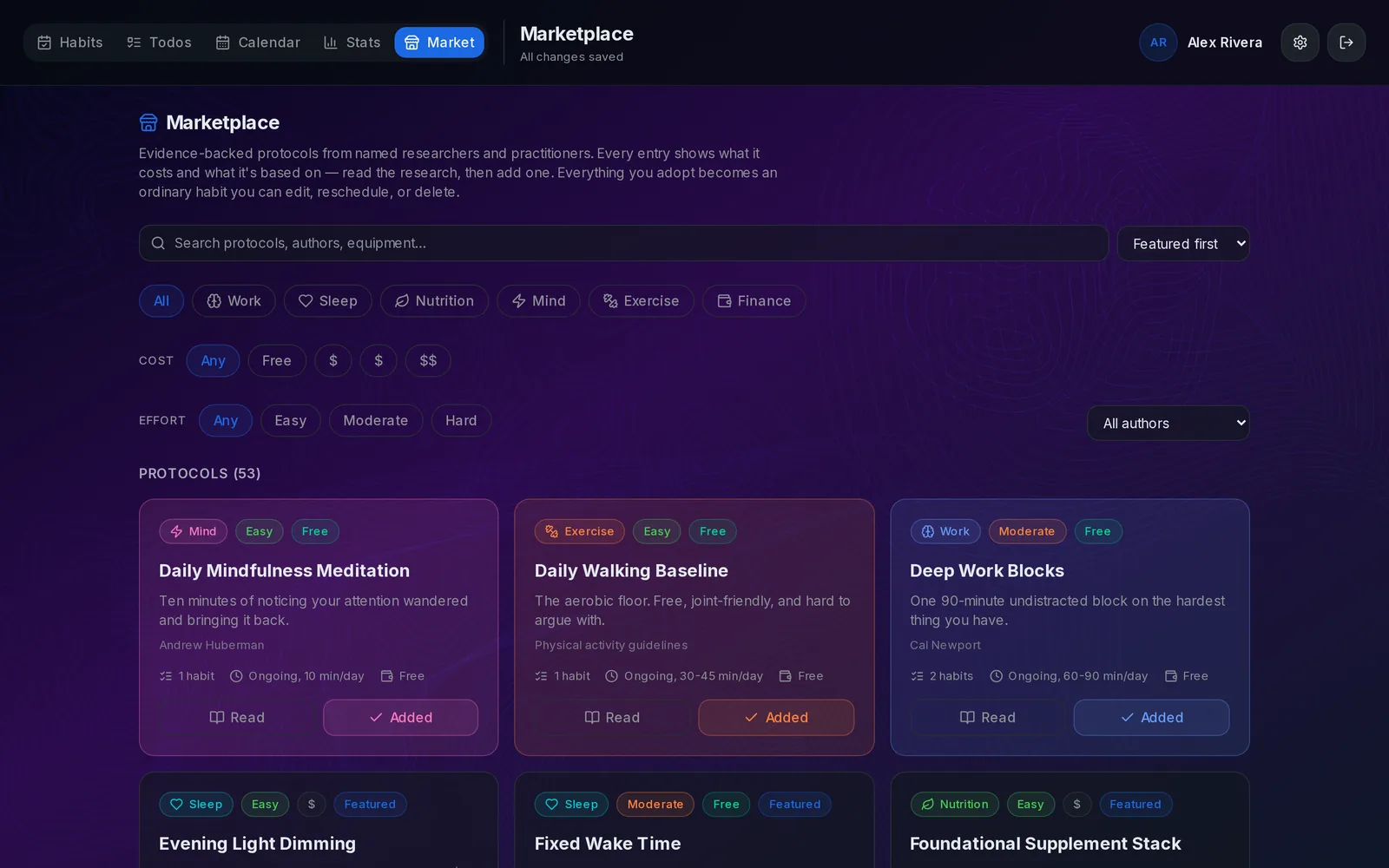 Protocol catalog with evidence-backed routines filtered by pillar, cost and effort