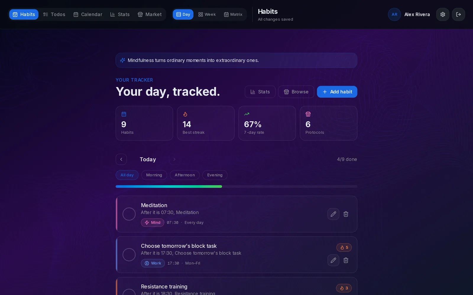 Liberture habit tracker showing today's habits, a 14-day best streak and a 67% 7-day completion rate
